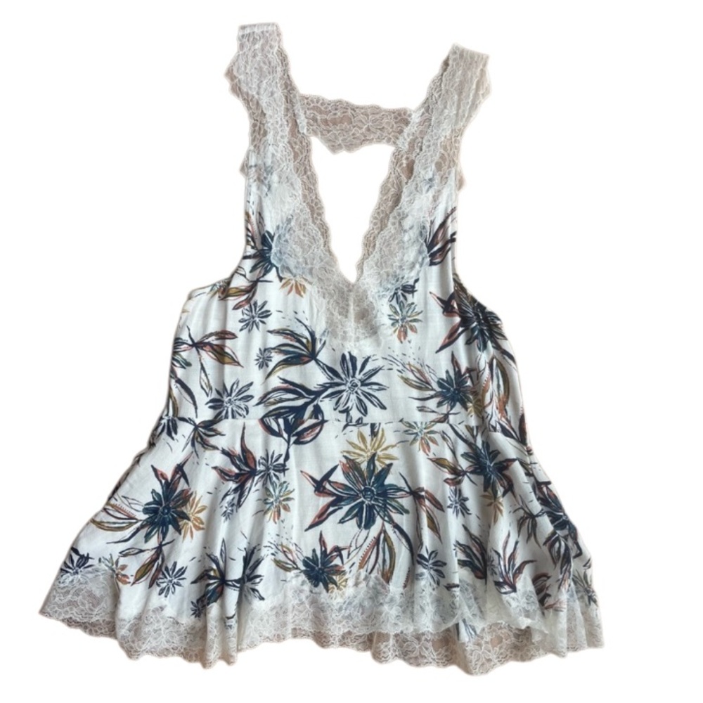 Free People White Floral Lace-Trim Tank